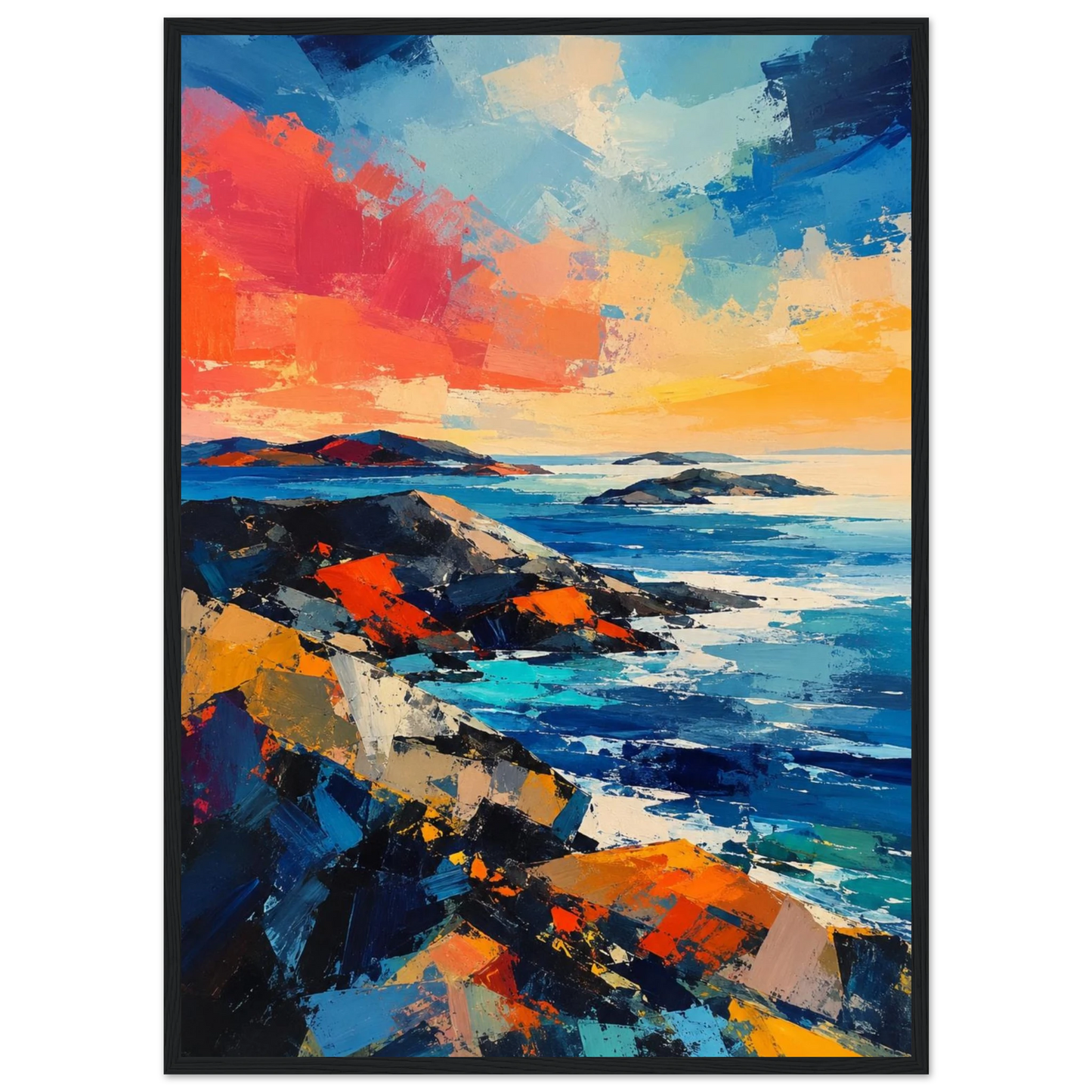 Abstrakt maritim plakat inspirert av nordisk kyst med sterke blå og oransje farger, svaberg og hav i moderne kunststil.
