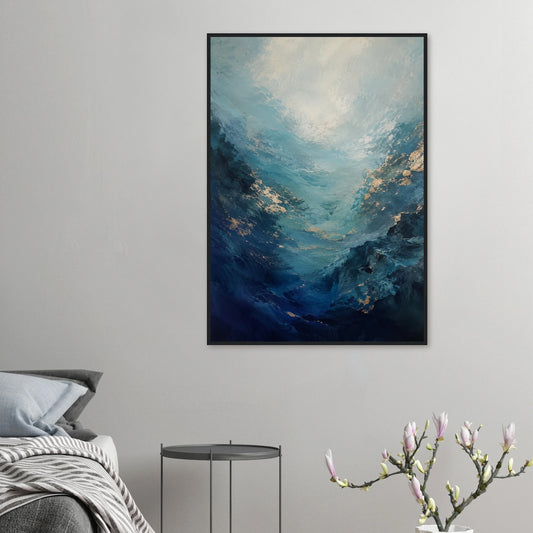 Abstrakt hav plakat med dype blå bølger og lys fra havoverflaten