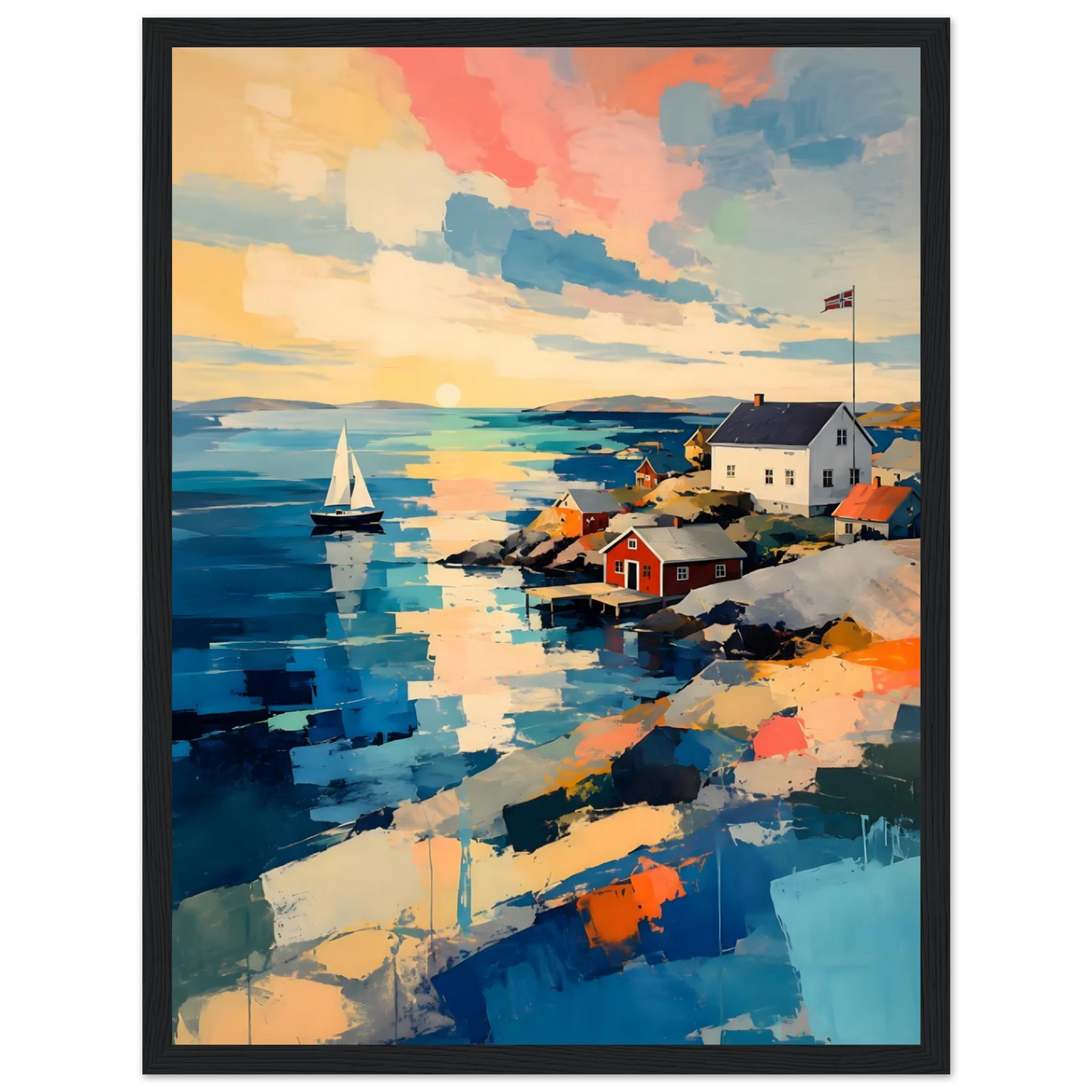 Fargerik kunstplakat av en skandinavisk kyst med sjø, seilbåt, røde naust og moderne maleriske penselstrøk.