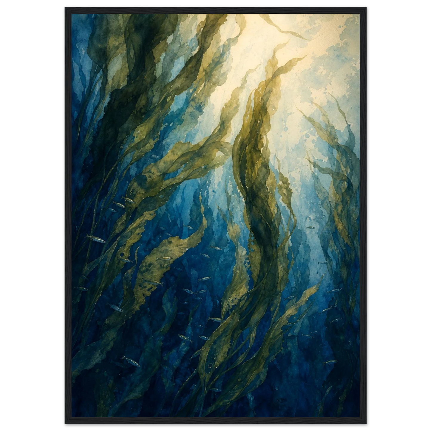 Akvarellmotiv av en undersjøisk tareskog med små fisk, dype blåtoner, olivengrønn tare og lys fra havoverflaten.