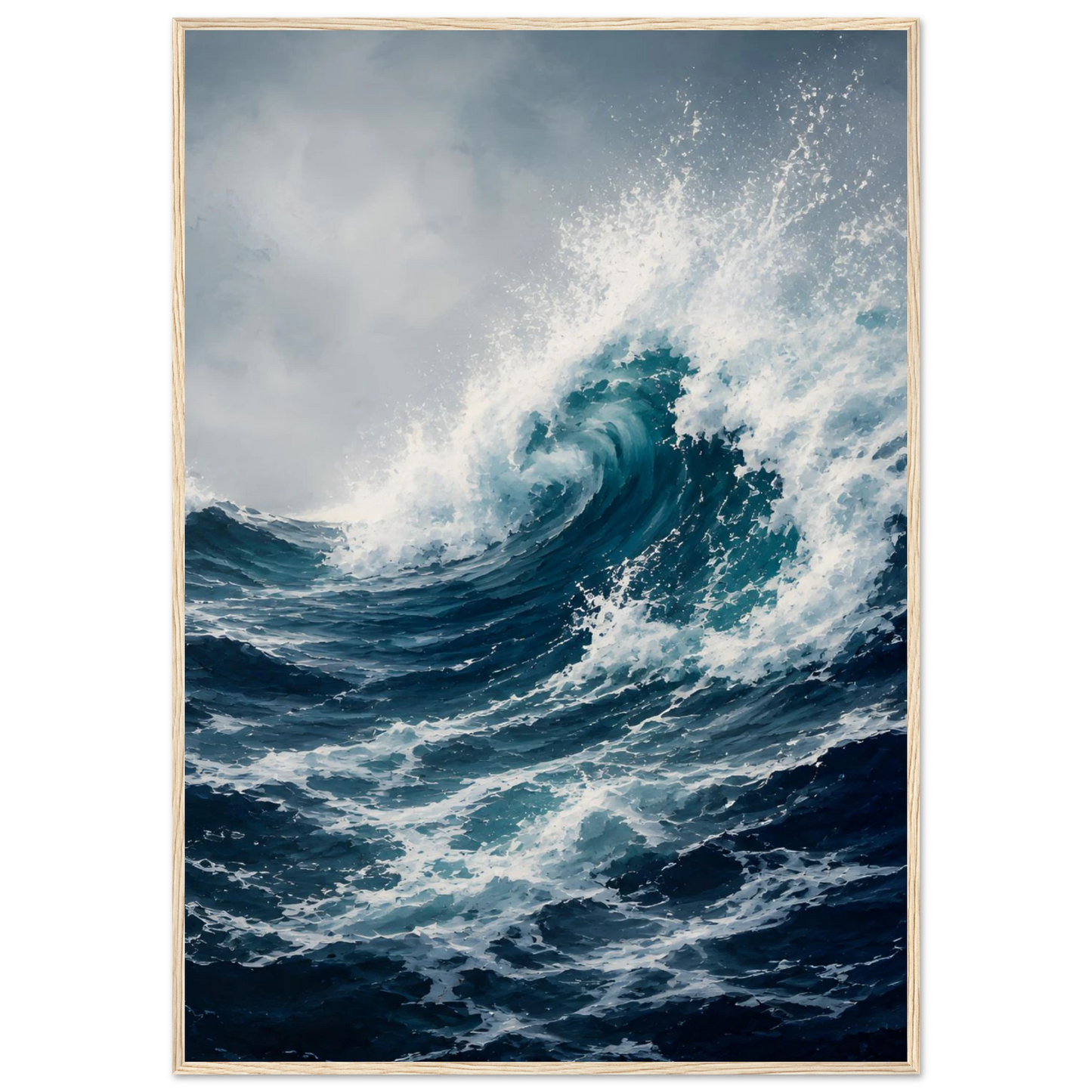 Maritim plakat med stor blå havbølge, hvitt sjøsprøyt og mørkt urolig hav