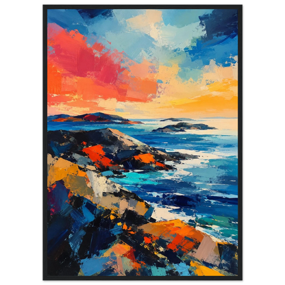 Abstrakt maritim plakat inspirert av nordisk kyst med sterke blå og oransje farger, svaberg og hav i moderne kunststil.