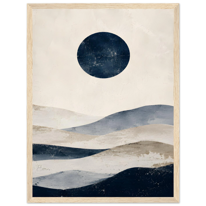Abstrakt maritim plakat med mørkeblå sirkel og bølgende former i beige, blått og grått