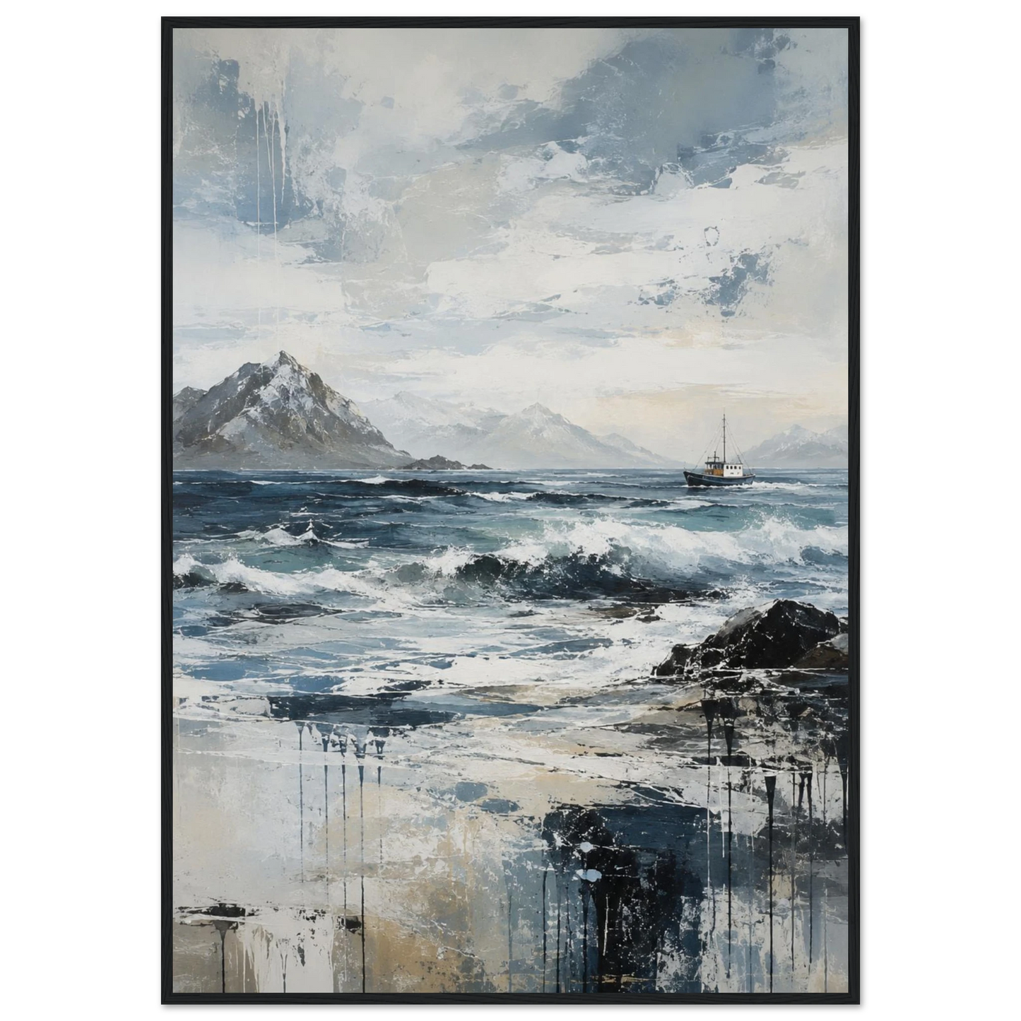 Nordlige farvann abstrakt maritim plakat med nordisk kystlandskap, hav og fiskebåt i blå og grå toner.