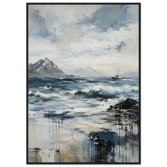 Nordlige farvann abstrakt maritim plakat med nordisk kystlandskap, hav og fiskebåt i blå og grå toner.