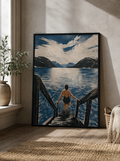 Fjordbad – kunstplakat med norsk fjordmotiv
