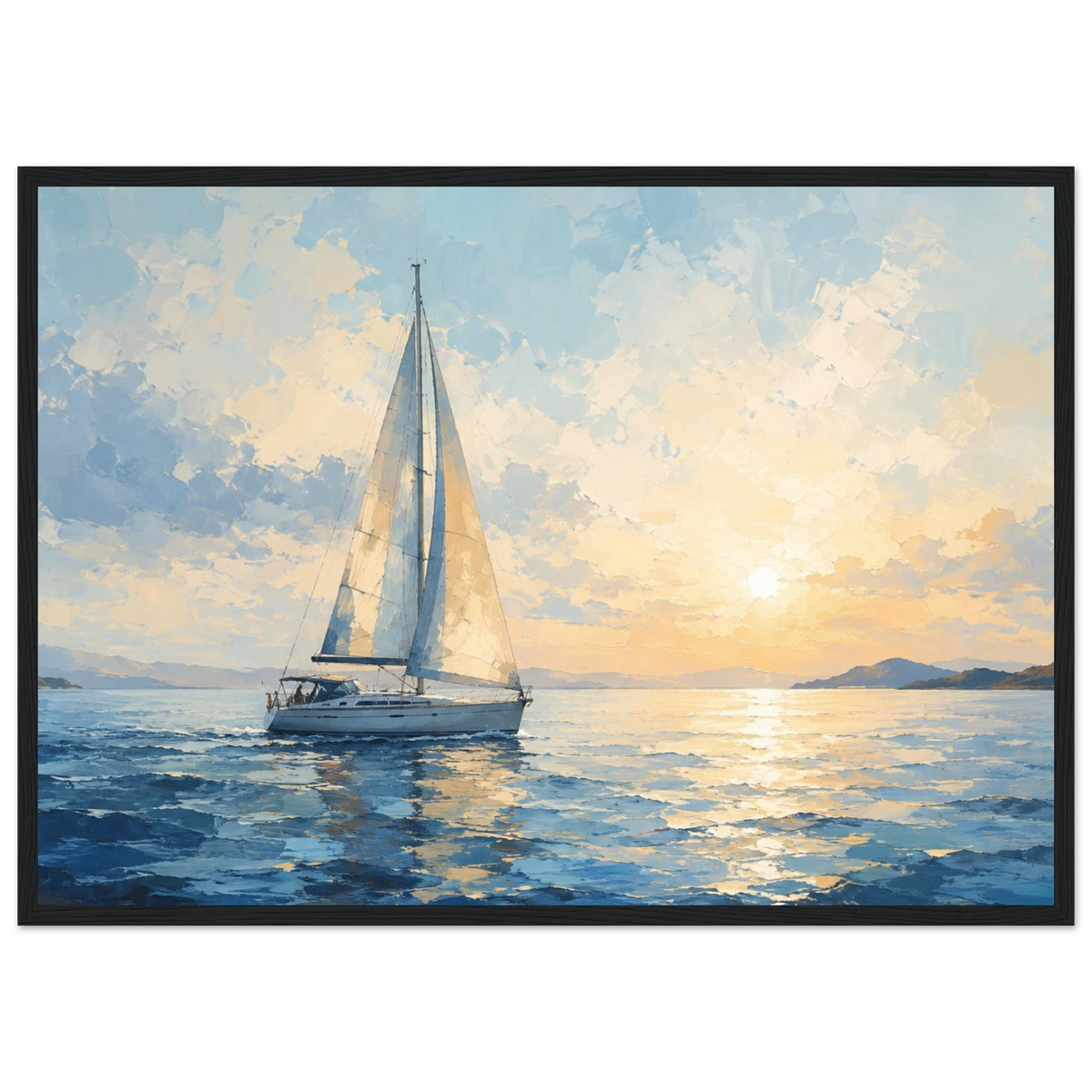 Seilbåt plakat på rolig hav ved solnedgang i blå og gylne toner
