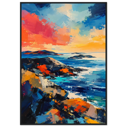 Abstrakt maritim plakat inspirert av nordisk kyst med sterke blå og oransje farger, svaberg og hav i moderne kunststil.