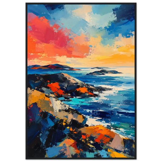 Abstrakt maritim plakat inspirert av nordisk kyst med sterke blå og oransje farger, svaberg og hav i moderne kunststil.