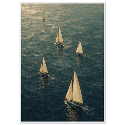 Maritim plakat med flere seilbåter som seiler over et blågrønt hav i et kunstnerisk grafisk uttrykk.
