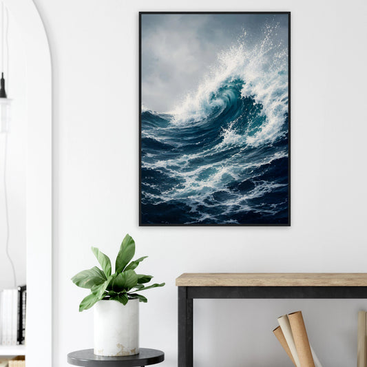 Maritim plakat med stor blå havbølge, hvitt sjøsprøyt og mørkt urolig hav