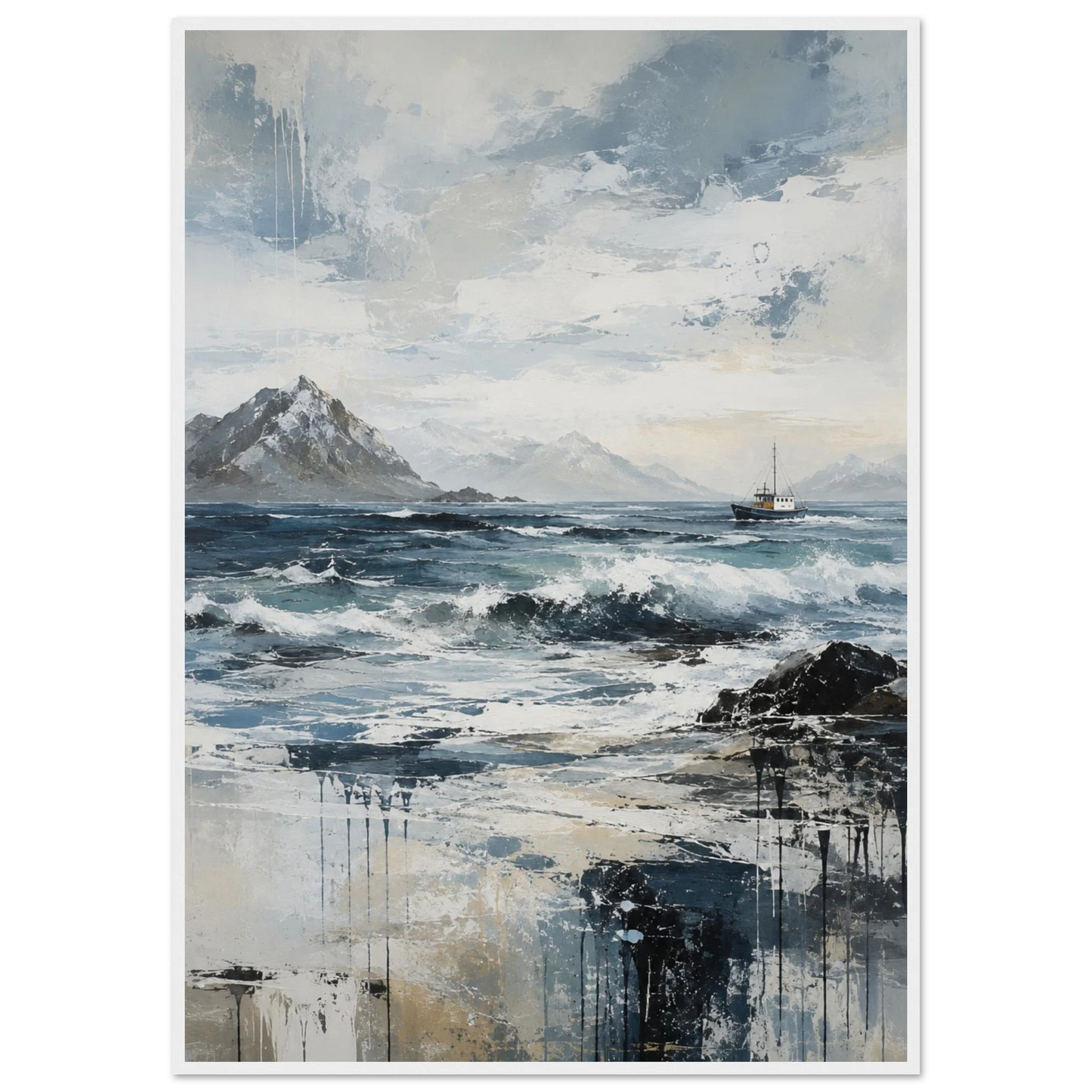Nordlige farvann abstrakt maritim plakat med nordisk kystlandskap, hav og fiskebåt i blå og grå toner.