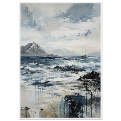 Nordlige farvann abstrakt maritim plakat med nordisk kystlandskap, hav og fiskebåt i blå og grå toner.