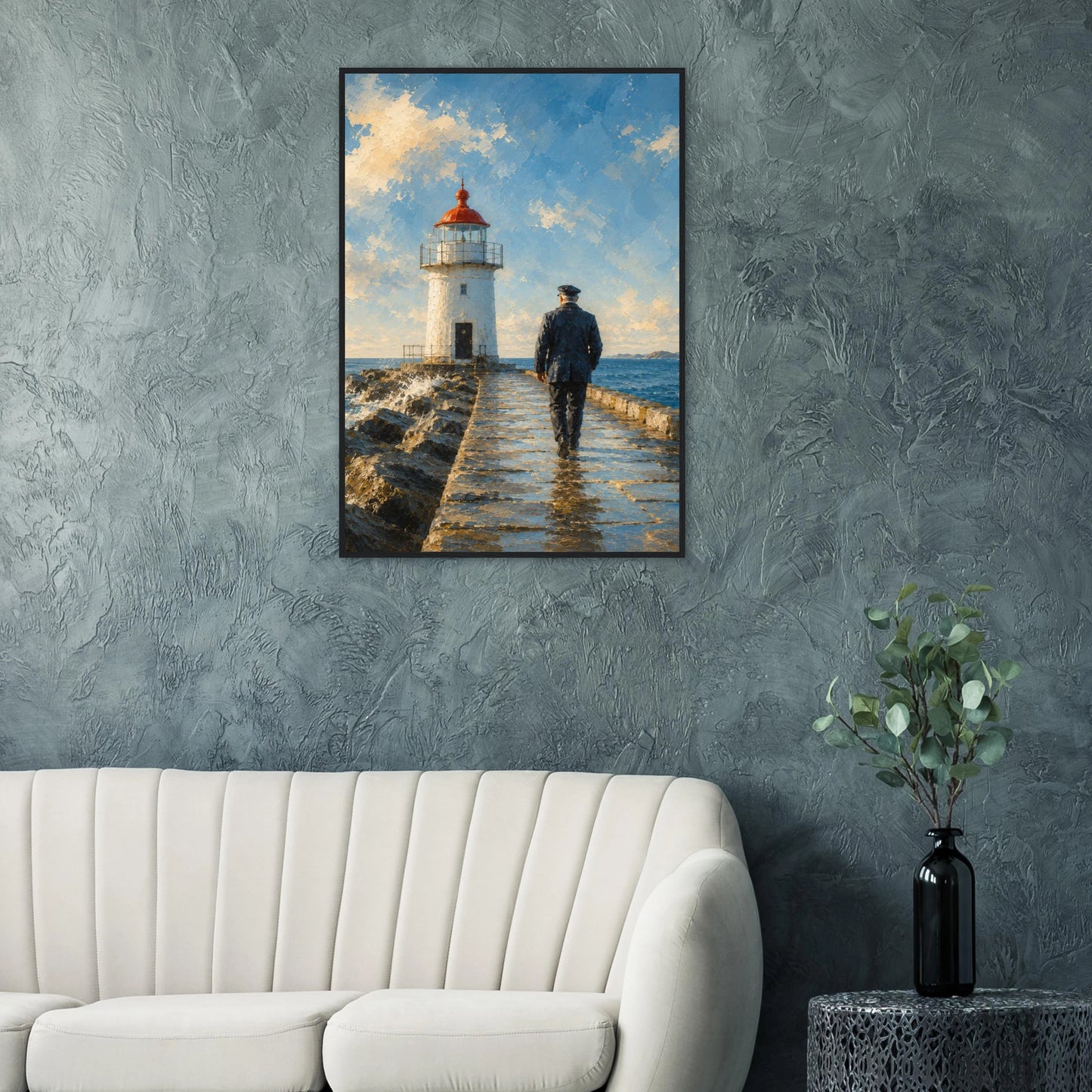 Fyrtårn plakat med sjømann på molo ved havet i gyllent lys