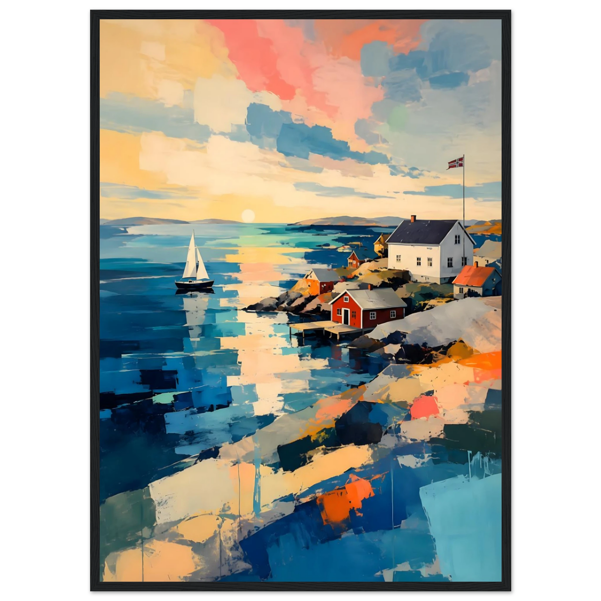 Fargerik kunstplakat av en skandinavisk kyst med sjø, seilbåt, røde naust og moderne maleriske penselstrøk.