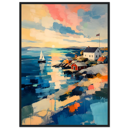 Fargerik kunstplakat av en skandinavisk kyst med sjø, seilbåt, røde naust og moderne maleriske penselstrøk.
