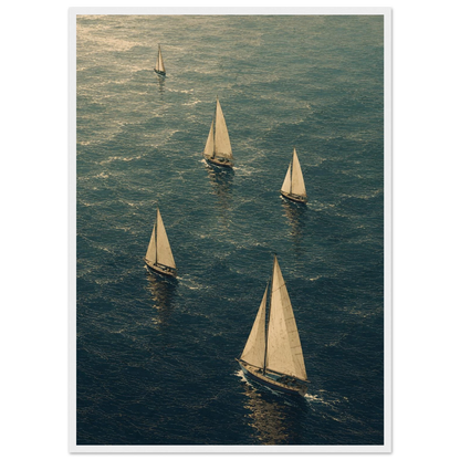 Maritim plakat med flere seilbåter som seiler over et blågrønt hav i et kunstnerisk grafisk uttrykk.
