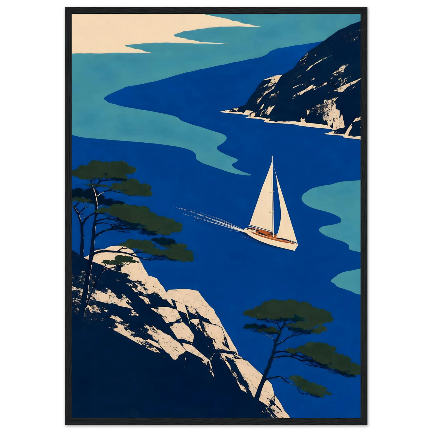 Grafisk maritim plakat med seilbåt mellom blått hav, svaberg og kystfuruer