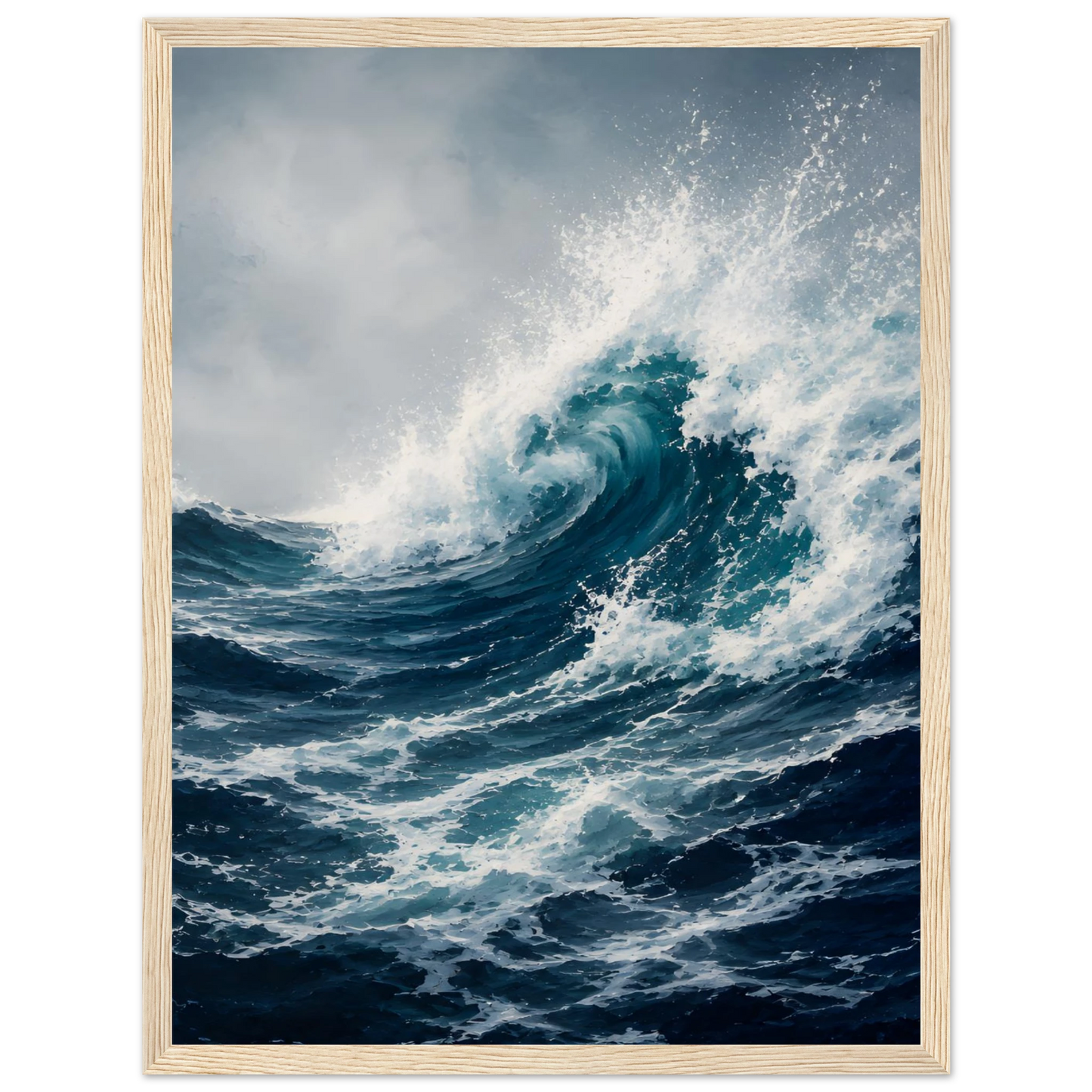 Maritim plakat med stor blå havbølge, hvitt sjøsprøyt og mørkt urolig hav