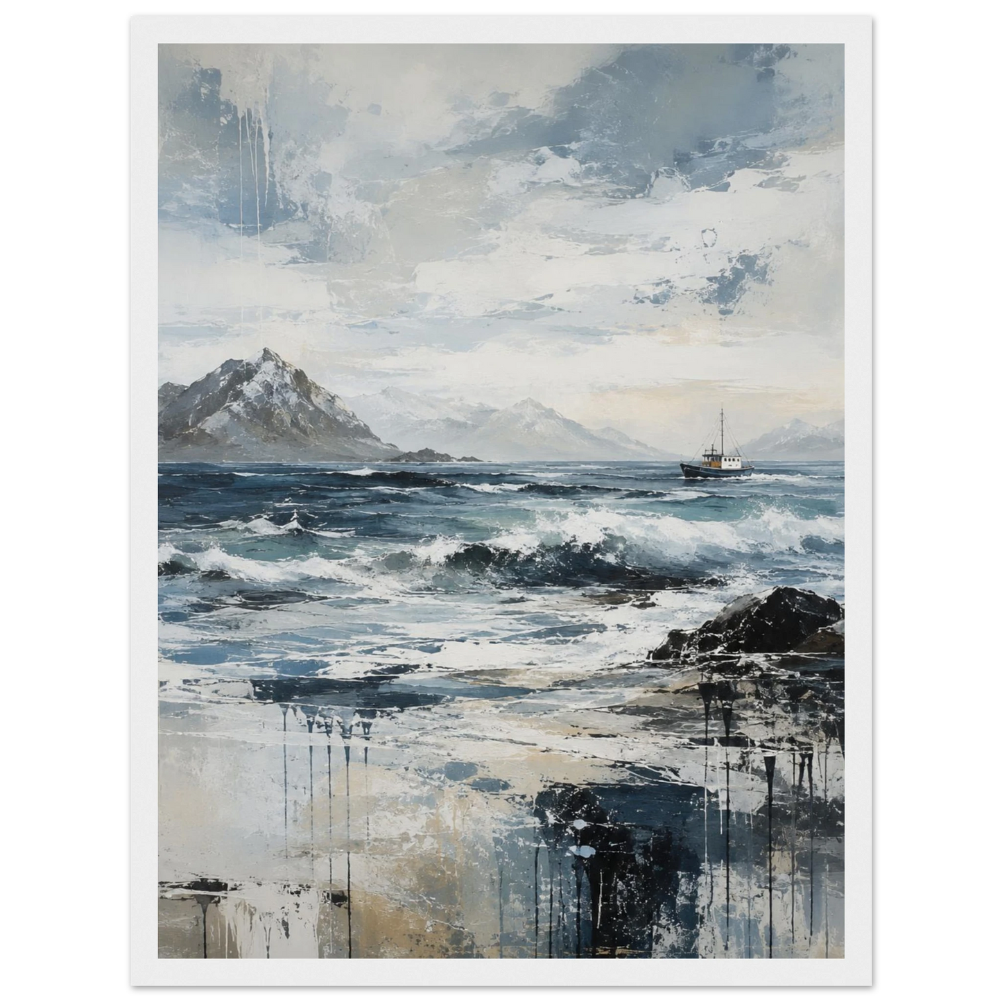 Nordlige farvann abstrakt maritim plakat med nordisk kystlandskap, hav og fiskebåt i blå og grå toner.