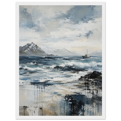 Nordlige farvann abstrakt maritim plakat med nordisk kystlandskap, hav og fiskebåt i blå og grå toner.