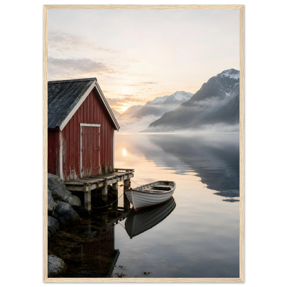 Rødt naust og hvit robåt ved en stille fjord med høye fjell og morgenlys