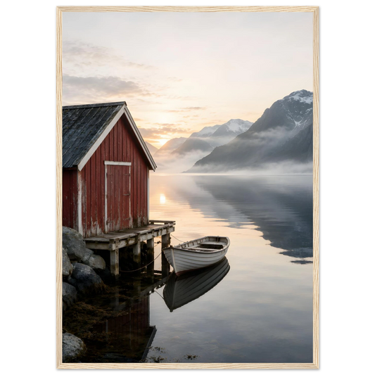 Rødt naust og hvit robåt ved en stille fjord med høye fjell og morgenlys
