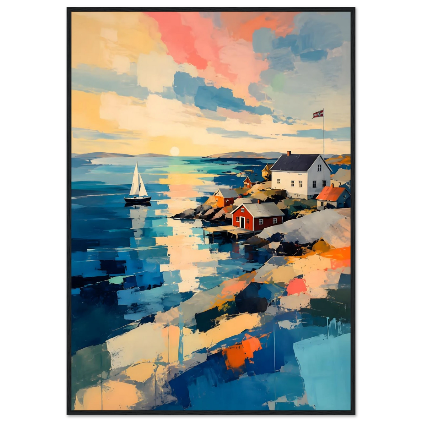 Fargerik kunstplakat av en skandinavisk kyst med sjø, seilbåt, røde naust og moderne maleriske penselstrøk.