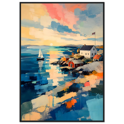 Fargerik kunstplakat av en skandinavisk kyst med sjø, seilbåt, røde naust og moderne maleriske penselstrøk.