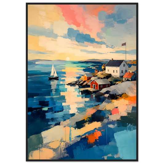 Fargerik kunstplakat av en skandinavisk kyst med sjø, seilbåt, røde naust og moderne maleriske penselstrøk.