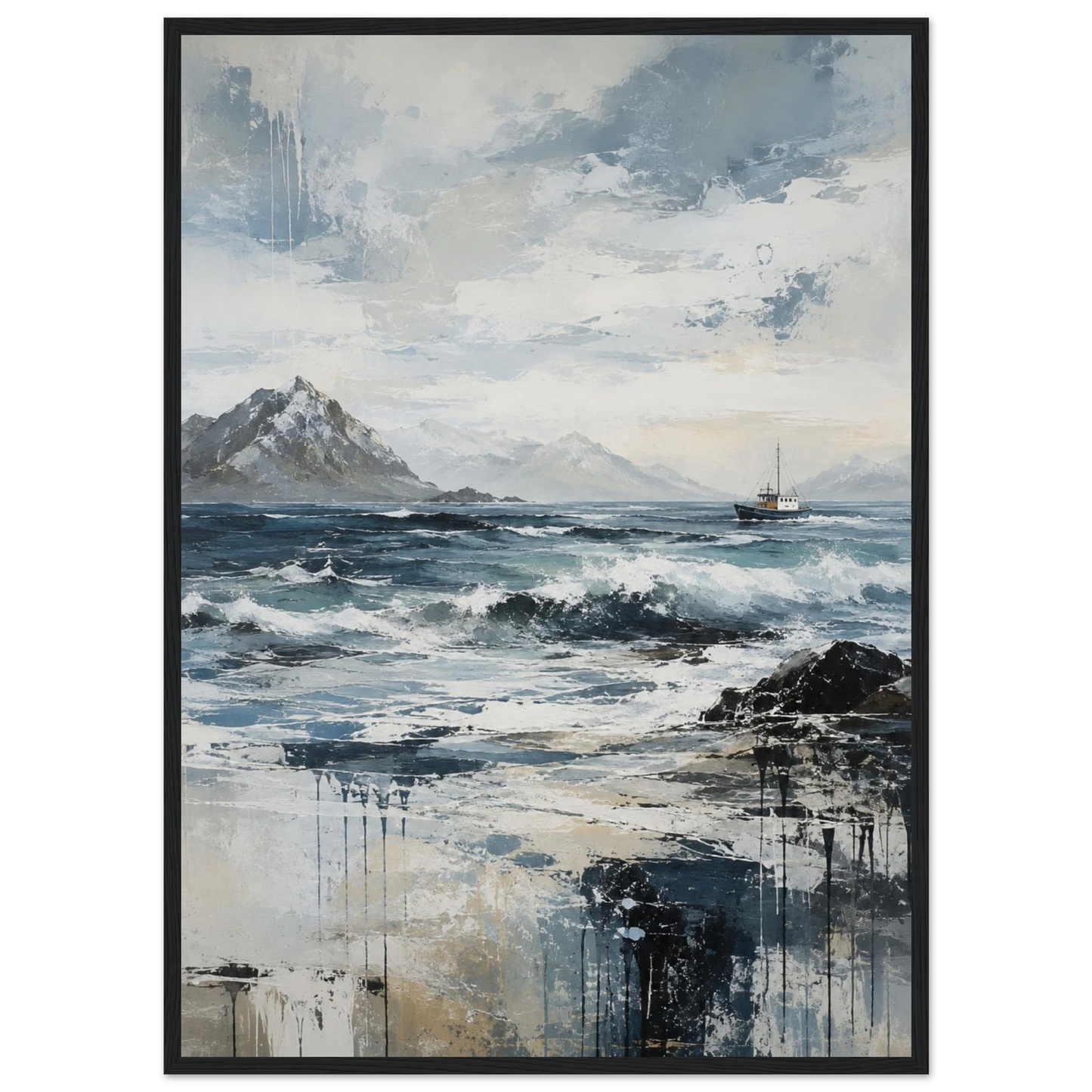 Nordlige farvann abstrakt maritim plakat med nordisk kystlandskap, hav og fiskebåt i blå og grå toner.