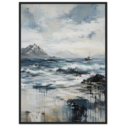 Nordlige farvann abstrakt maritim plakat med nordisk kystlandskap, hav og fiskebåt i blå og grå toner.