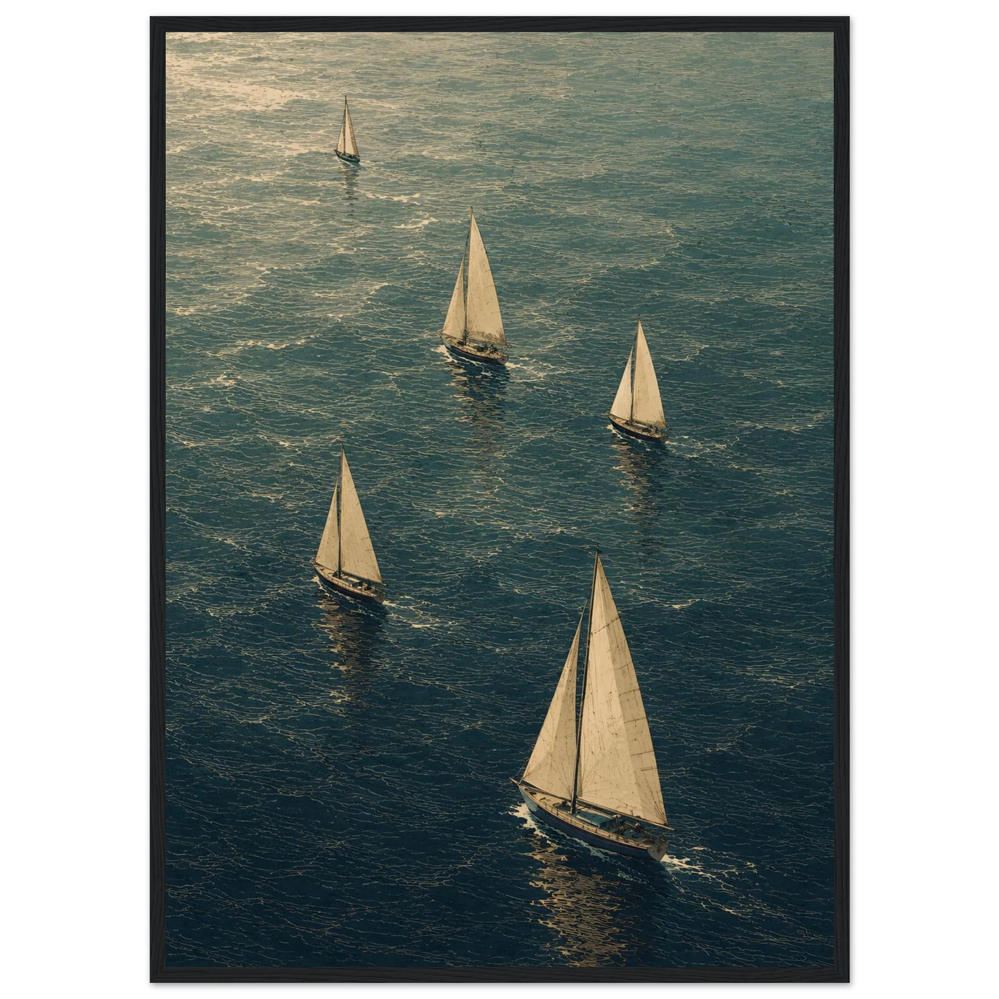 Maritim plakat med flere seilbåter som seiler over et blågrønt hav i et kunstnerisk grafisk uttrykk.