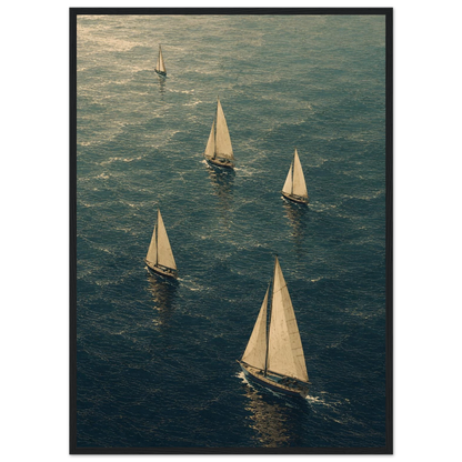 Maritim plakat med flere seilbåter som seiler over et blågrønt hav i et kunstnerisk grafisk uttrykk.