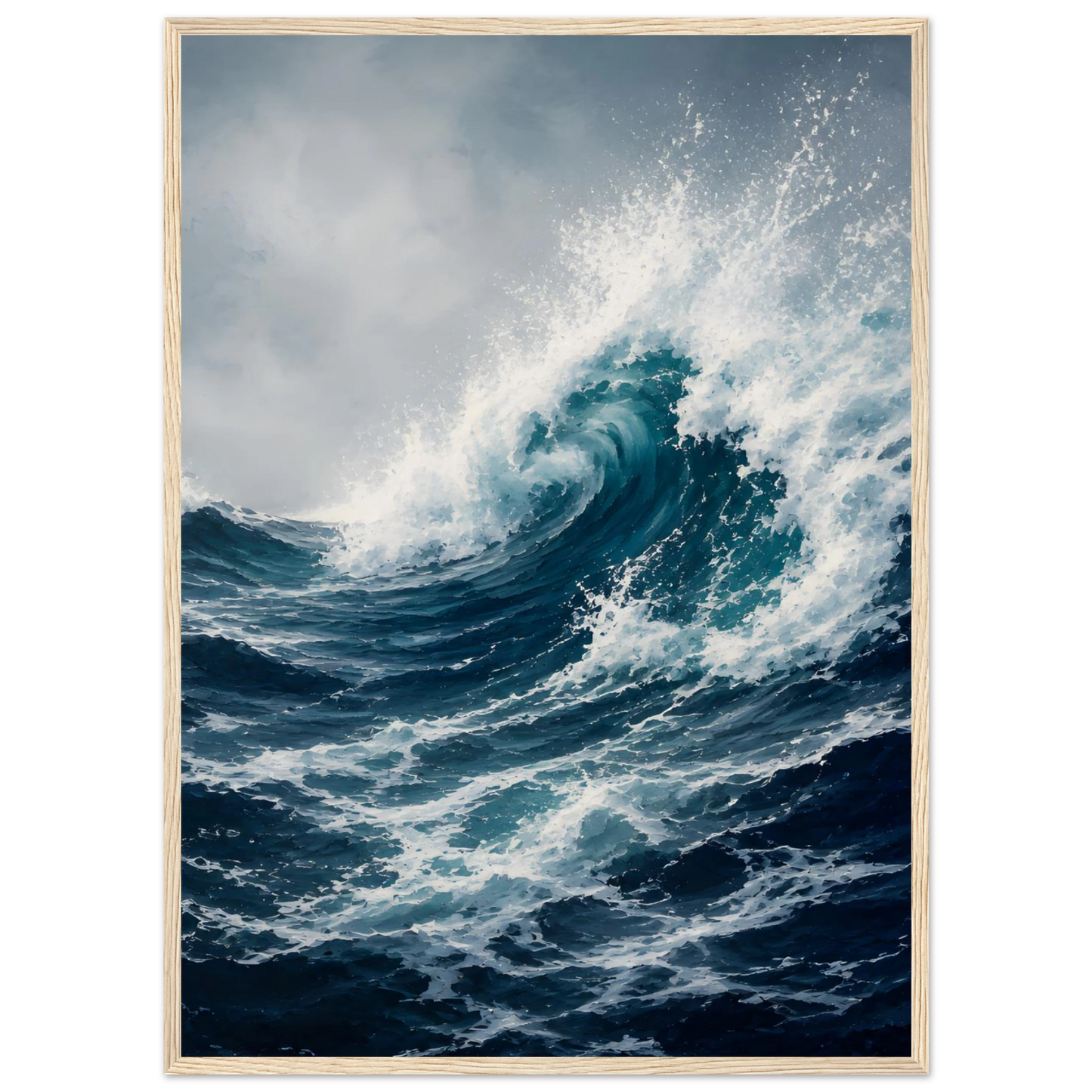 Maritim plakat med stor blå havbølge, hvitt sjøsprøyt og mørkt urolig hav