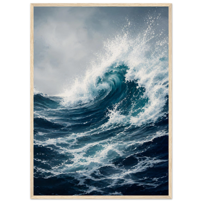 Maritim plakat med stor blå havbølge, hvitt sjøsprøyt og mørkt urolig hav