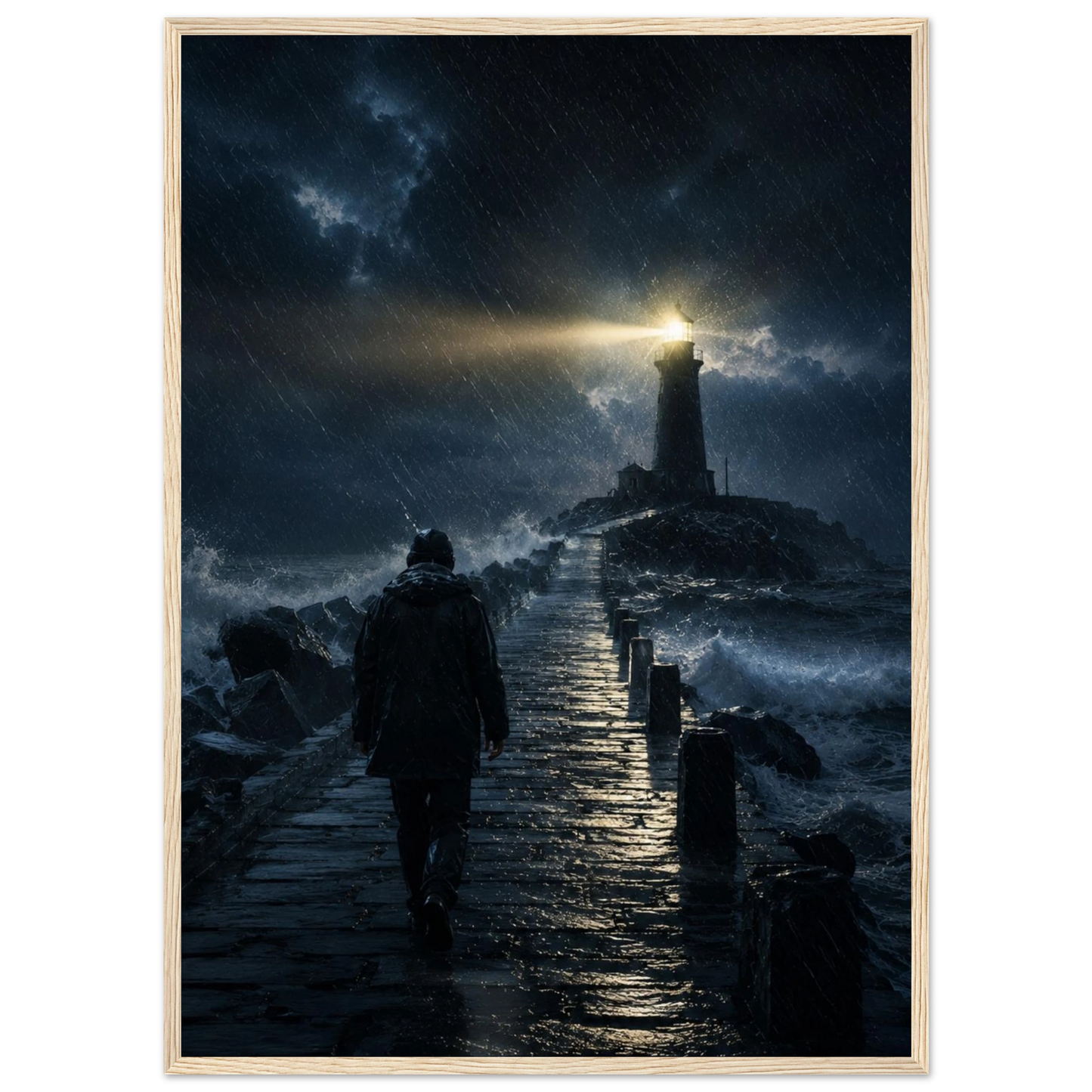 Fyrtårn plakat i storm med lysende fyr og mørkt hav