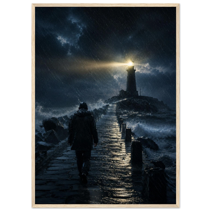 Fyrtårn plakat i storm med lysende fyr og mørkt hav