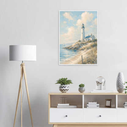 Fyrtårn plakat ved kysten med hvitt fyr, strand og rolig hav