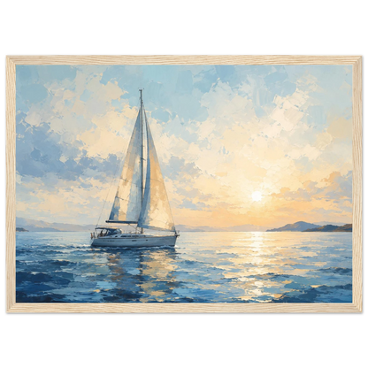 Seilbåt plakat på rolig hav ved solnedgang i blå og gylne toner