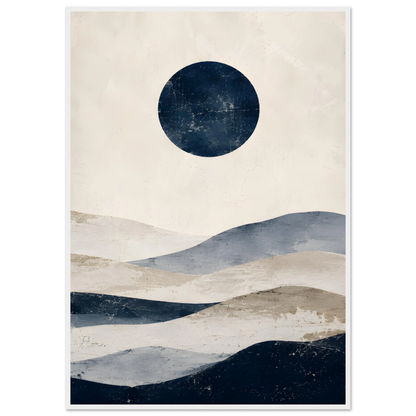 Abstrakt maritim plakat med mørkeblå sirkel og bølgende former i beige, blått og grått