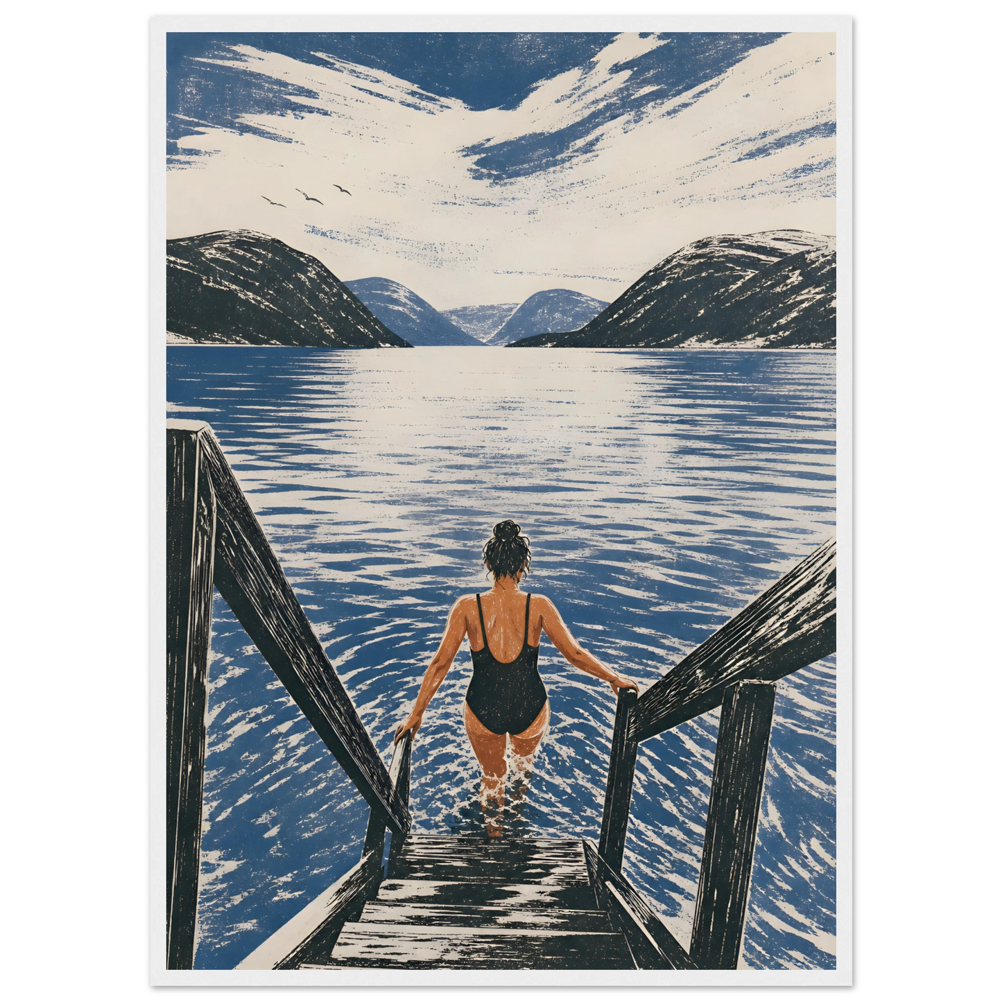 Kunstplakaten Fjordbad med en kvinne som går ned en tretrapp for å bade i en blå norsk fjord omgitt av fjell.