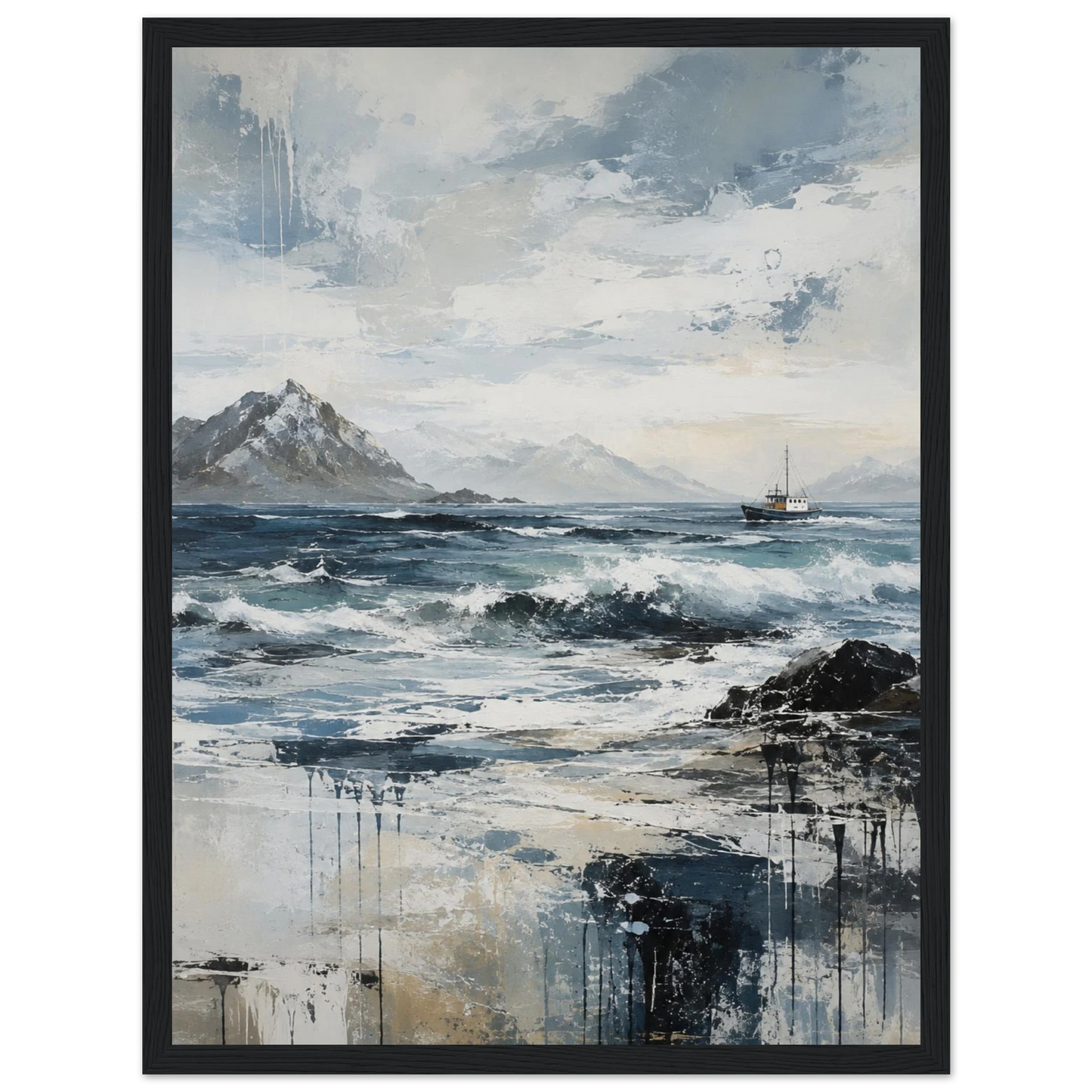 Nordlige farvann abstrakt maritim plakat med nordisk kystlandskap, hav og fiskebåt i blå og grå toner.