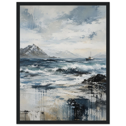 Nordlige farvann abstrakt maritim plakat med nordisk kystlandskap, hav og fiskebåt i blå og grå toner.