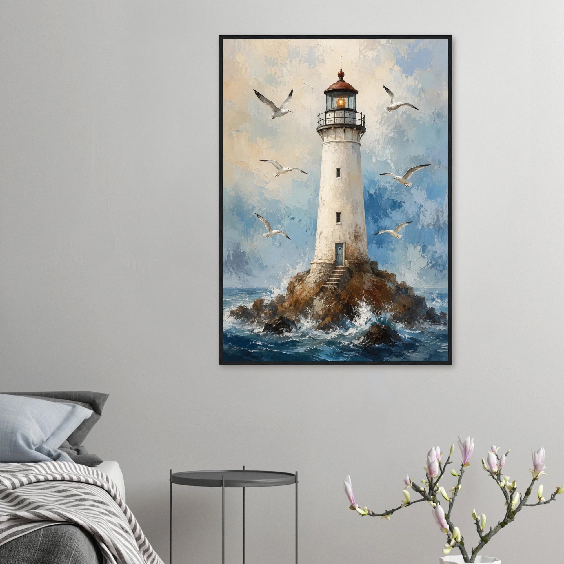 Fyrtårn plakat med måker og bølger – maritim veggkunst i blå toner