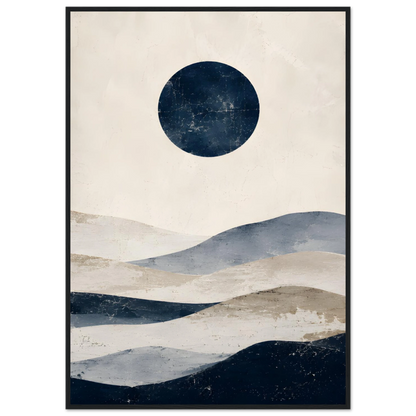 Abstrakt maritim plakat med mørkeblå sirkel og bølgende former i beige, blått og grått