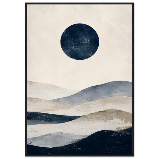 Abstrakt maritim plakat med mørkeblå sirkel og bølgende former i beige, blått og grått