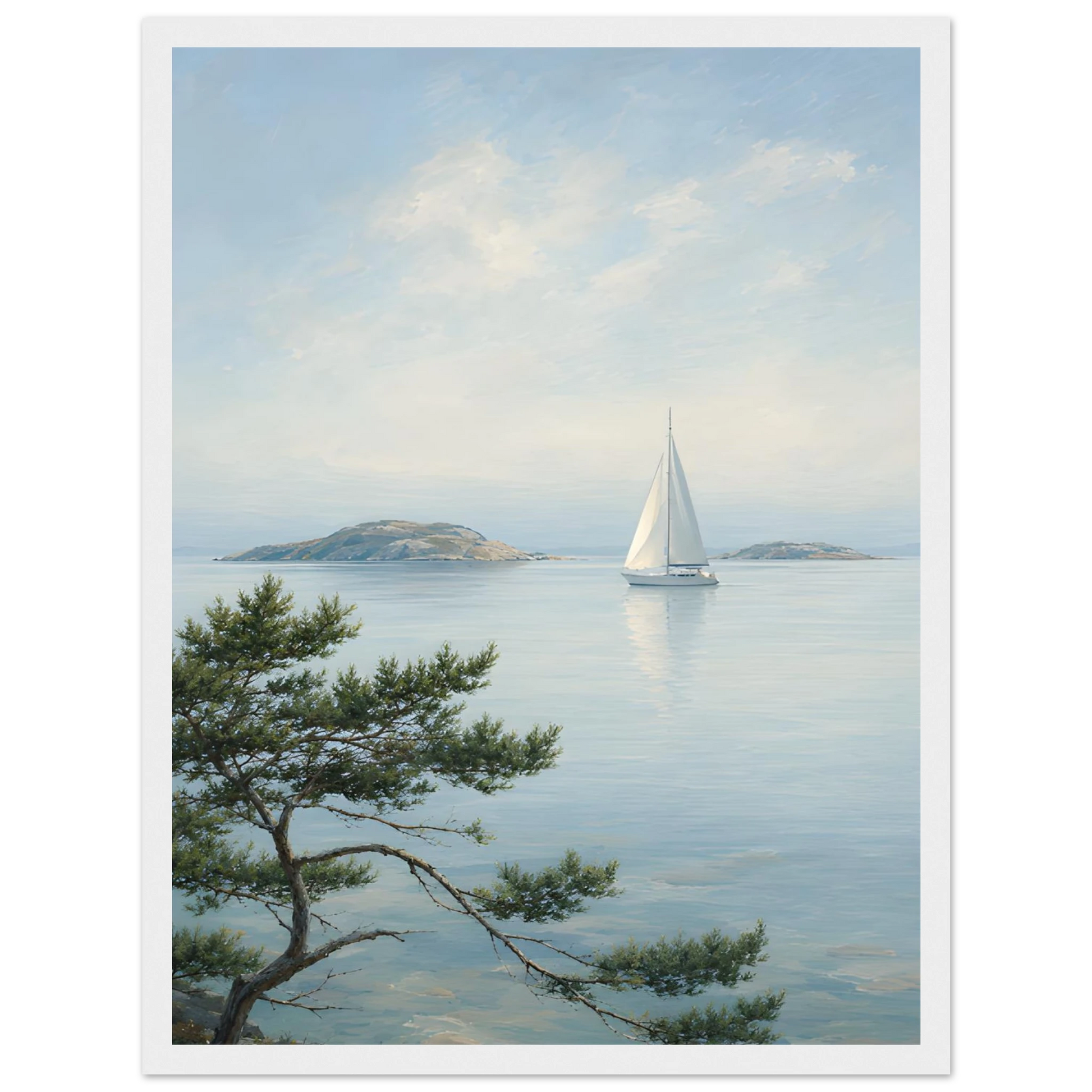 Maritim plakat med hvit seilbåt på stille sjø, svaberg og kystfuru i en lys nordisk skjærgård