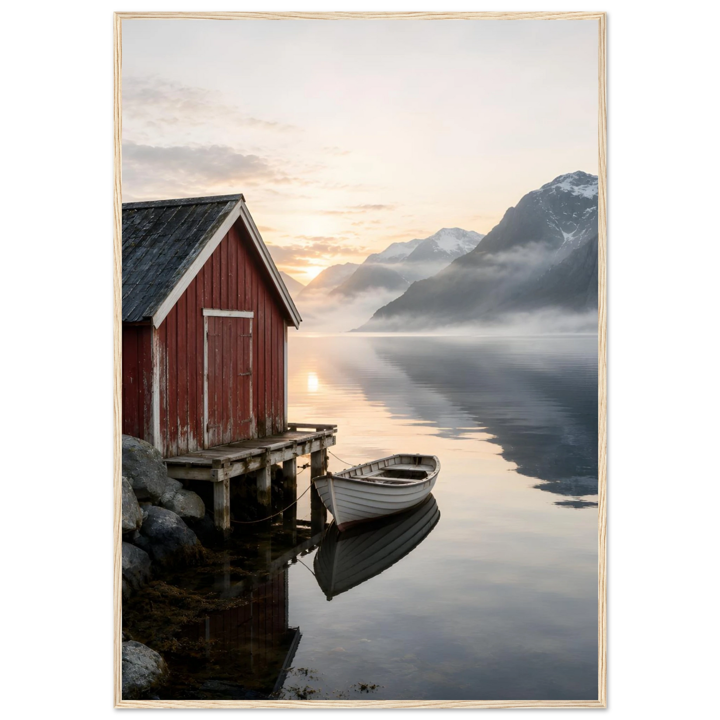 Rødt naust og hvit robåt ved en stille fjord med høye fjell og morgenlys