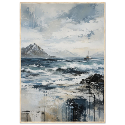 Nordlige farvann abstrakt maritim plakat med nordisk kystlandskap, hav og fiskebåt i blå og grå toner.
